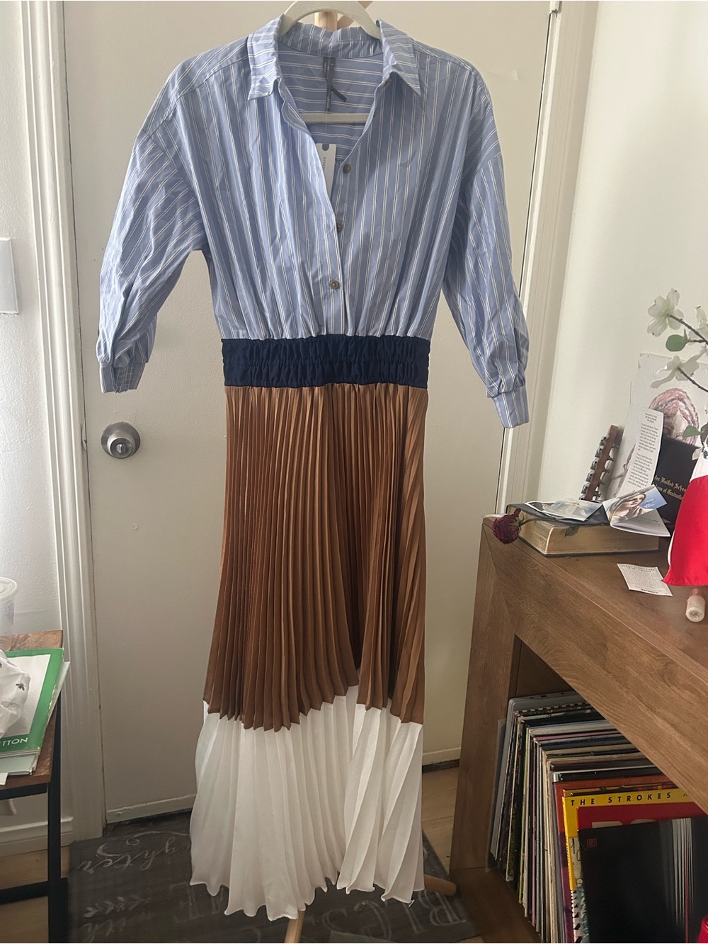 Anthropologie Blue Striped Shirt Maxi Dress with Brown and White Pleats